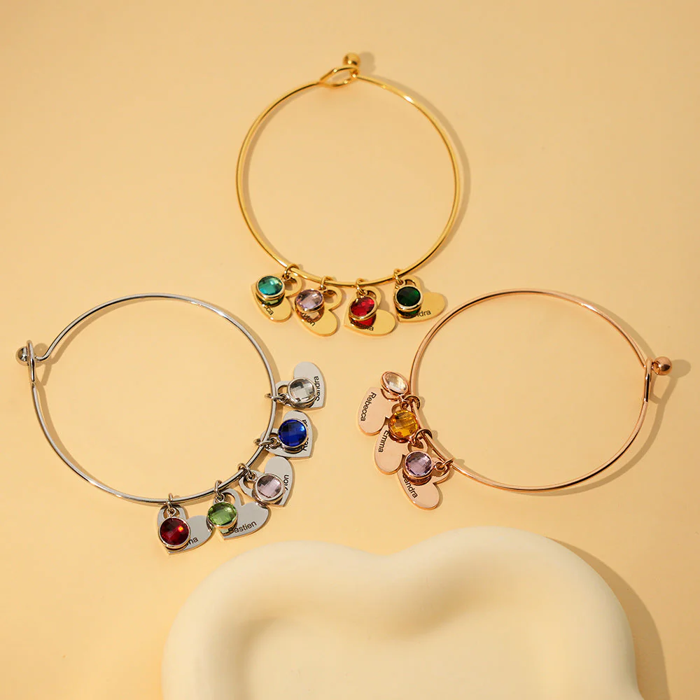 Personalized Name & Birthstone Family Bangle Heart Bracelet - For Mom/Grandma - Image 6