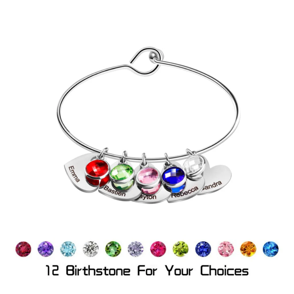 Personalized Name & Birthstone Family Bangle Heart Bracelet - For Mom/Grandma - Image 7