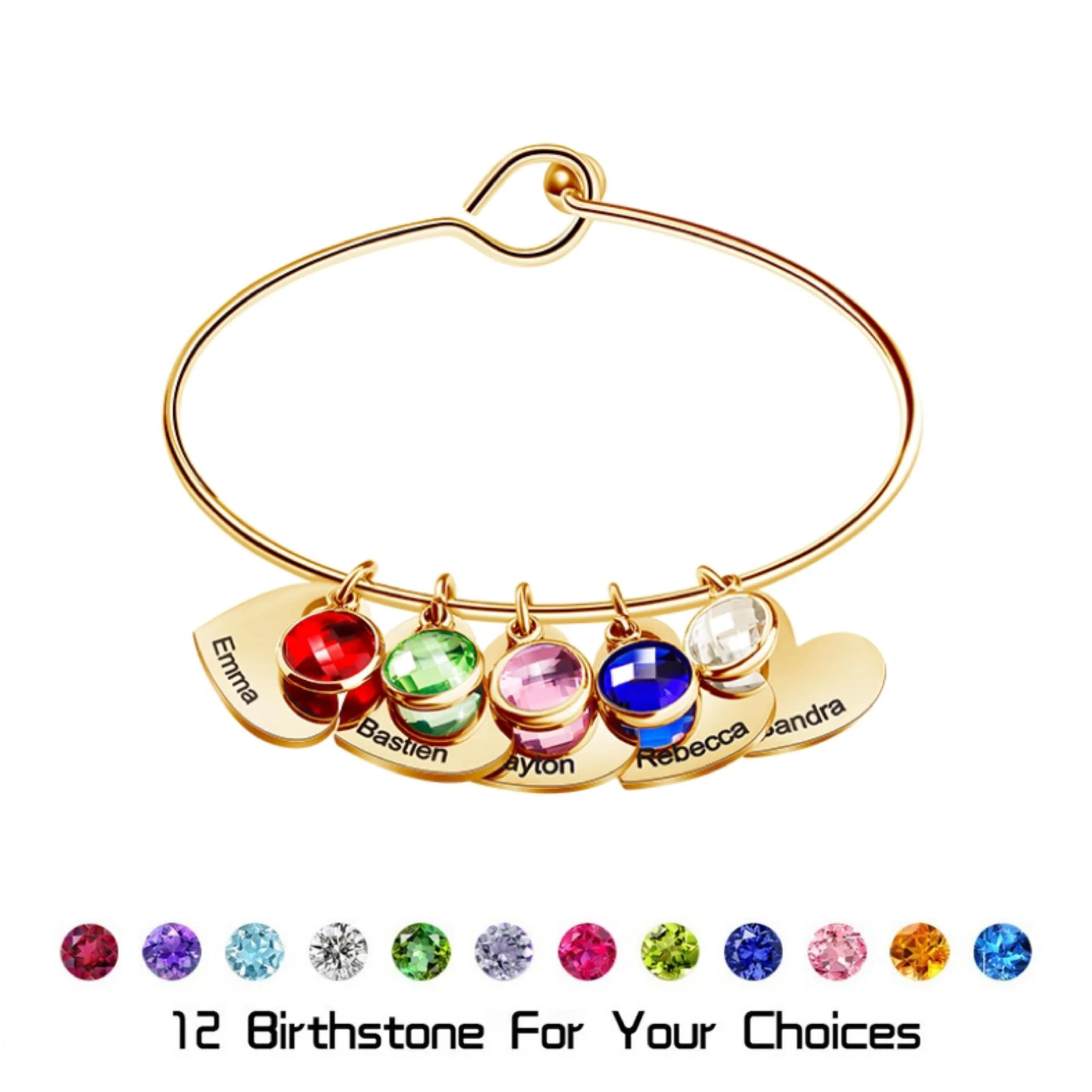 Personalized Name & Birthstone Family Bangle Heart Bracelet - For Mom/Grandma - Image 8