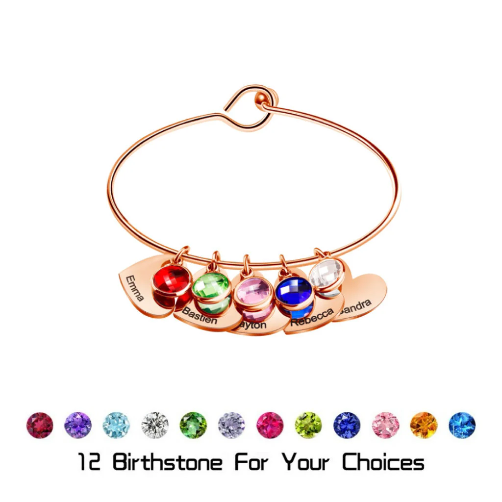 Personalized Name & Birthstone Family Bangle Heart Bracelet - For Mom/Grandma - Image 9