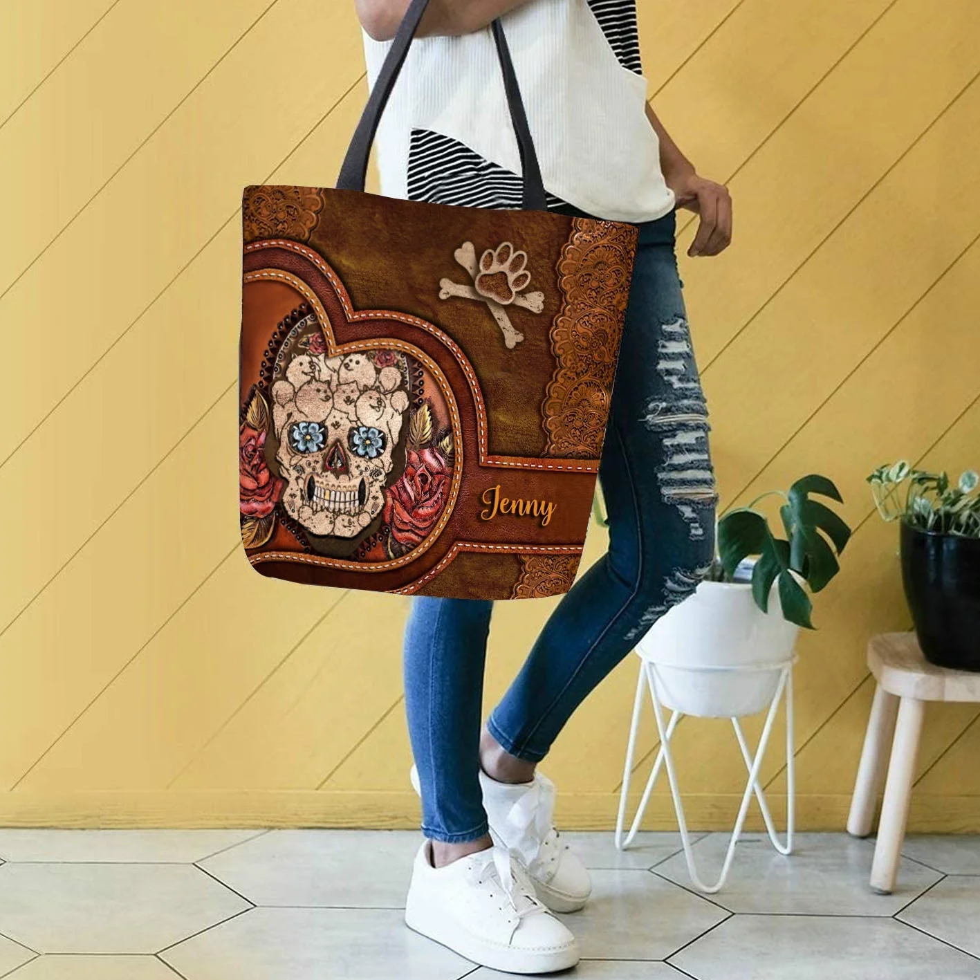 Personalized Name Skull Flower Dog Cloth Tote Bag - Image 3