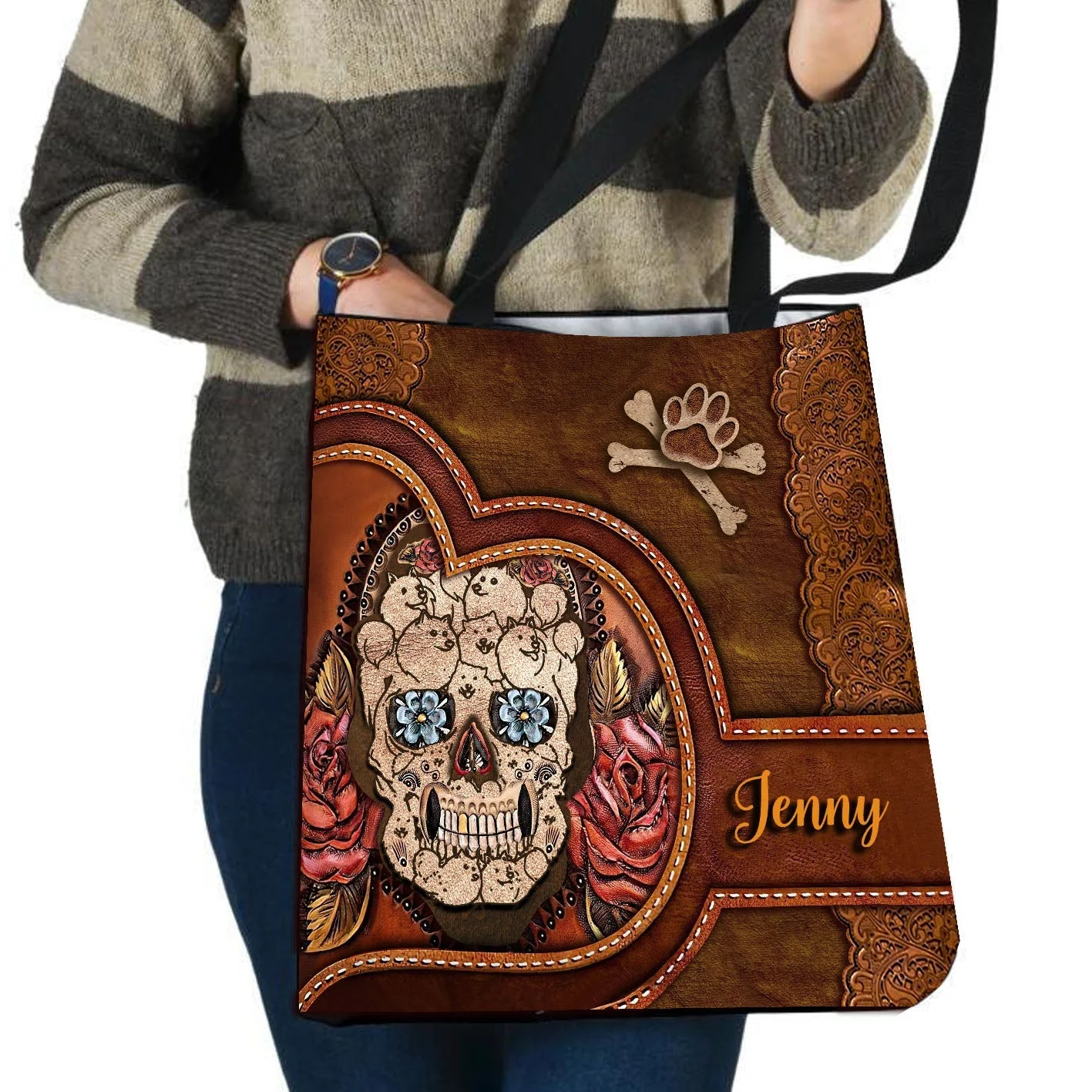 Personalized Name Skull Flower Dog Cloth Tote Bag - Image 4