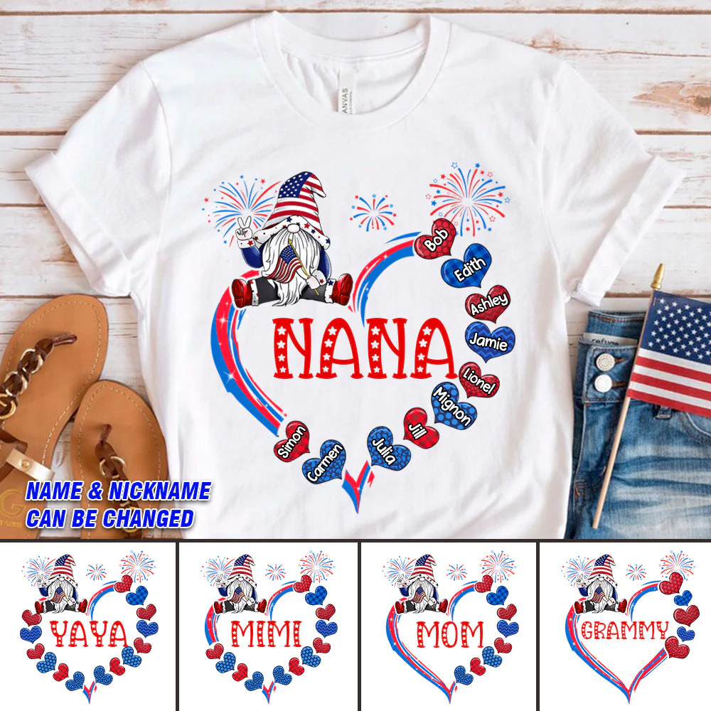 Personalized Nana 4Th Of July Hearts Independence Day T-Shirt - Image 2