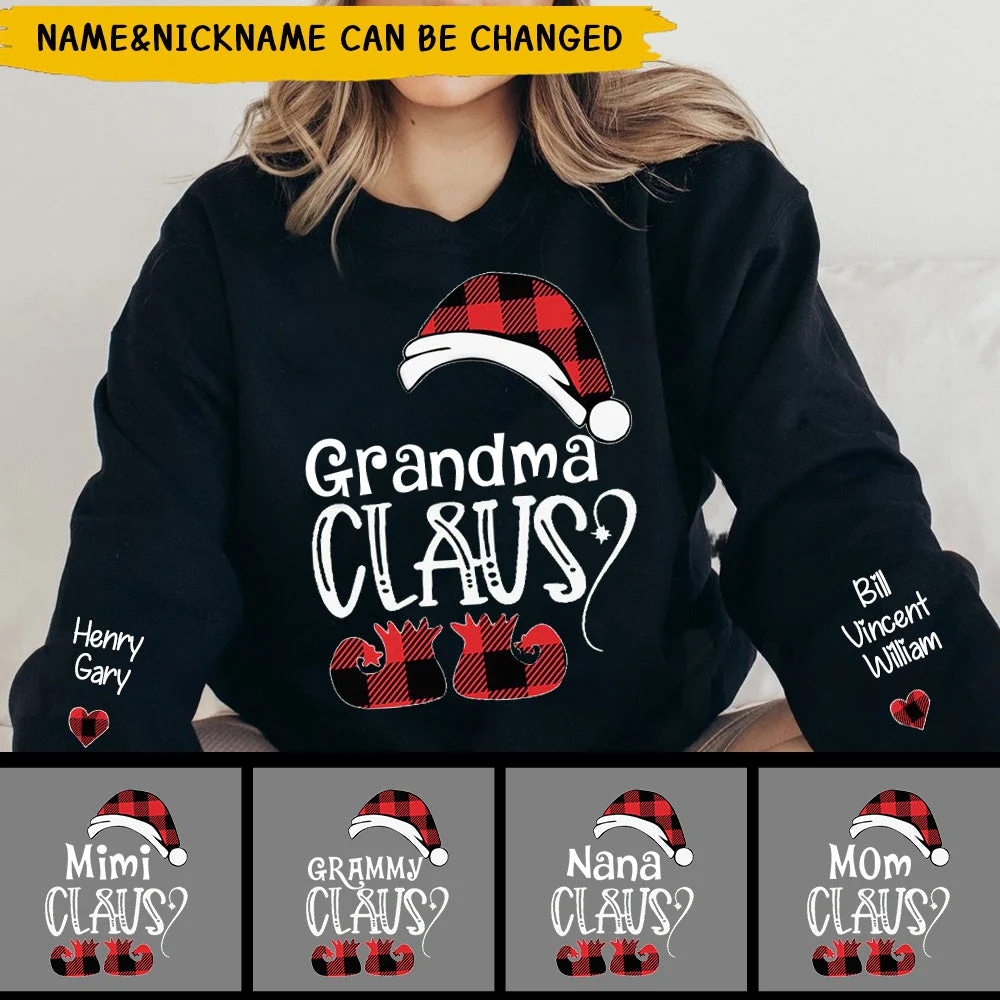 Personalized Nana Claus Christmas And Grandkids on sleeve Sweatshirt - Image 2
