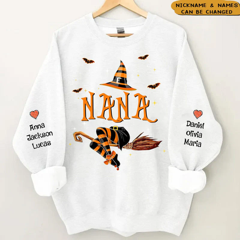 Personalized Nana Life Witch Halloween Sweatshirt With Grandkids Name On The Sleeve - Image 2