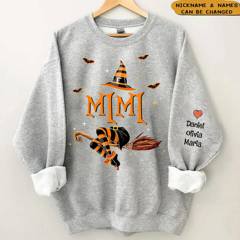 Personalized Nana Life Witch Halloween Sweatshirt With Grandkids Name On The Sleeve - Image 3