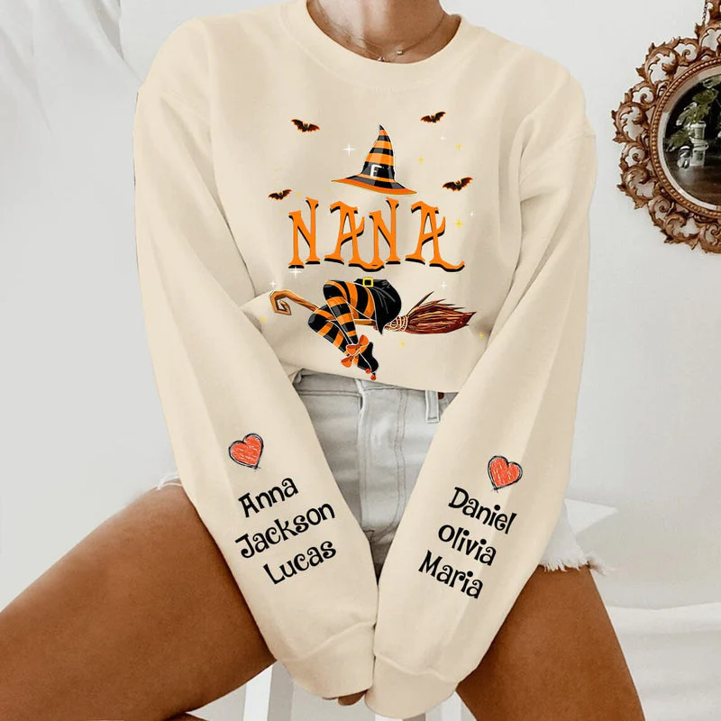 Personalized Nana Life Witch Halloween Sweatshirt With Grandkids Name On The Sleeve - Image 4