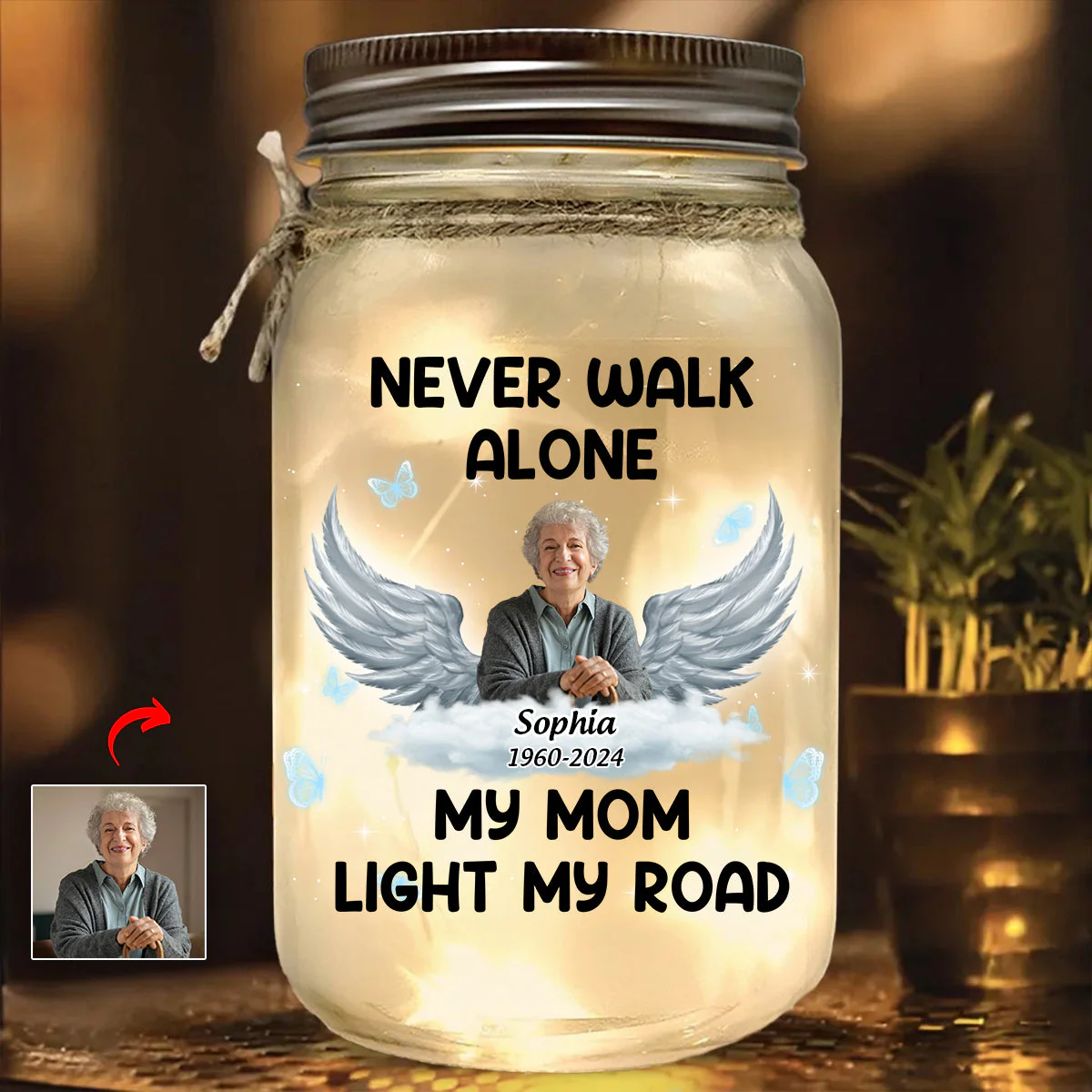 Personalized Never Walk Alone Memorial Mason Jar Light - Image 2
