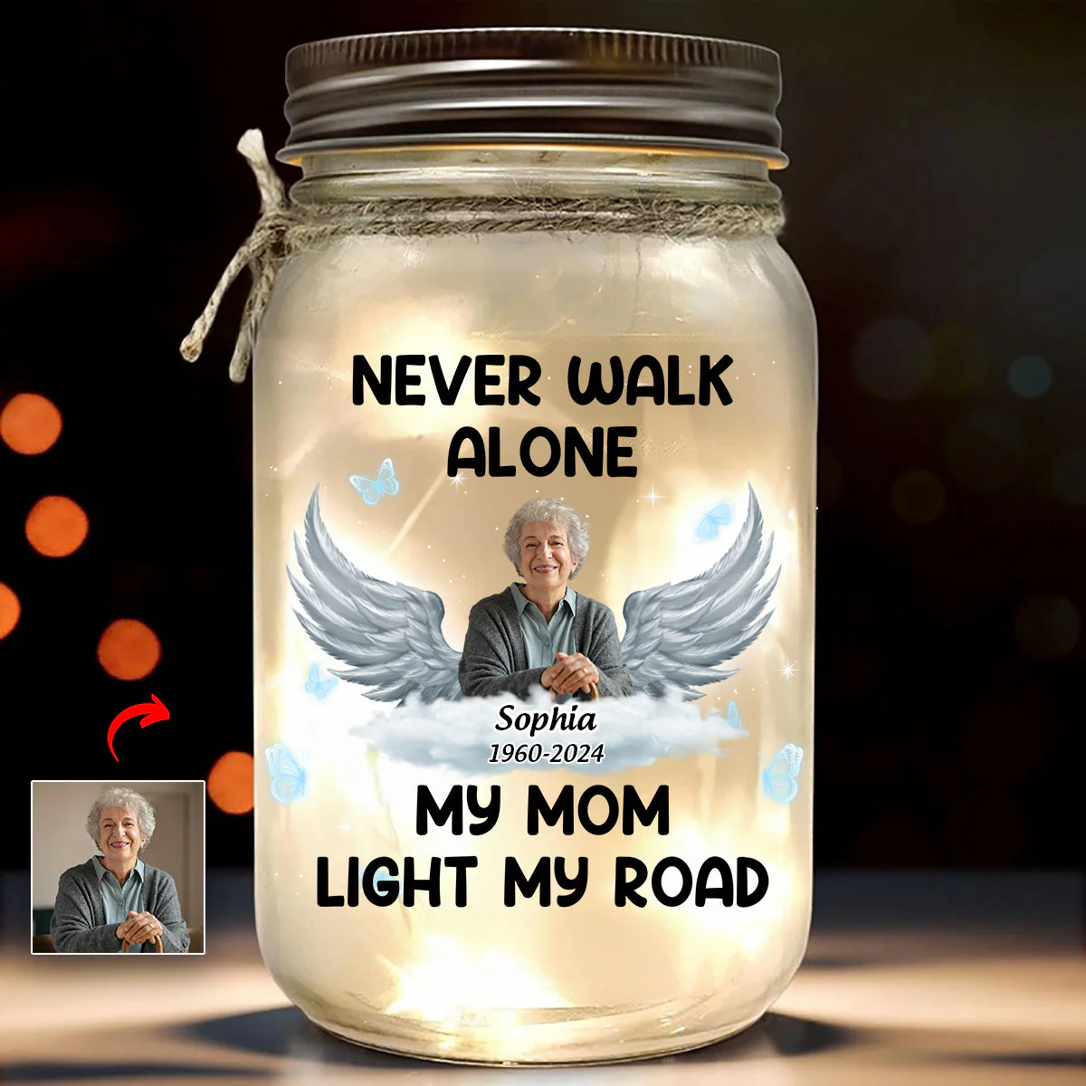 Personalized Never Walk Alone Memorial Mason Jar Light - Image 3