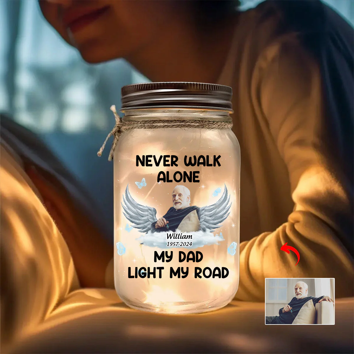 Personalized Never Walk Alone Memorial Mason Jar Light - Image 4