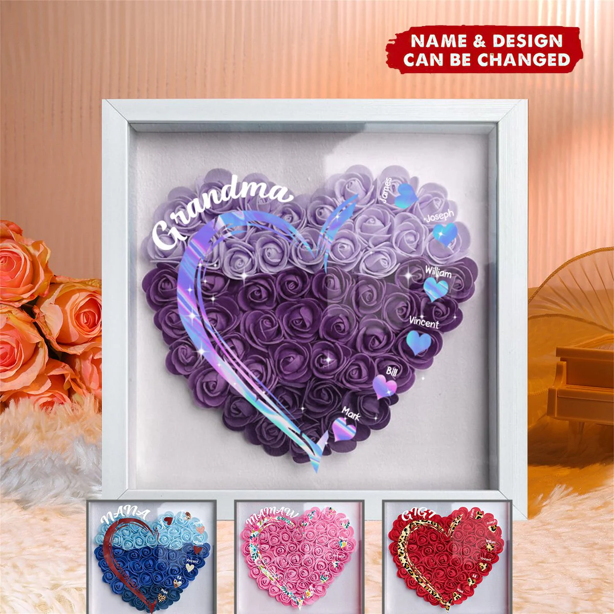 Personalized Grandma and Grandkids Heart Flower Shadow Box - Image 2