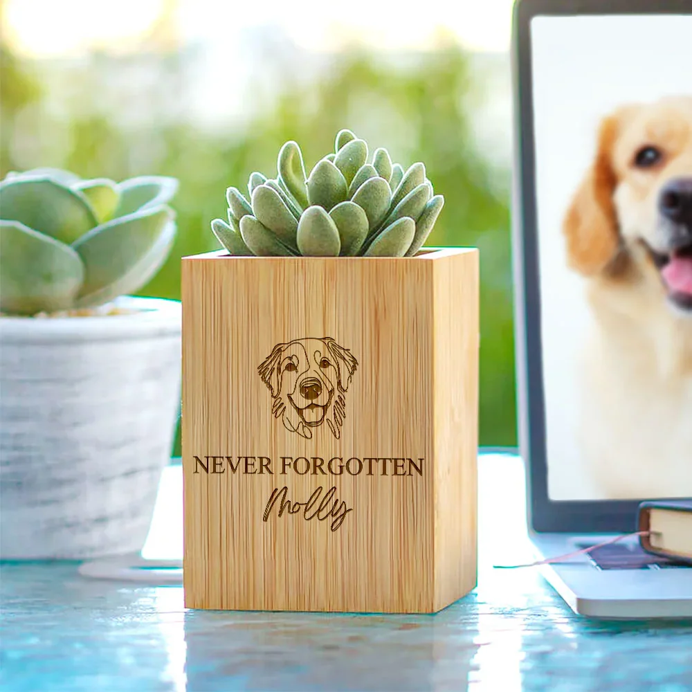 Personalized Pet Line Drawing Dog Cat Portrait Wooden Flower Pot Memorial Gift for Loss of Pet - Image 2