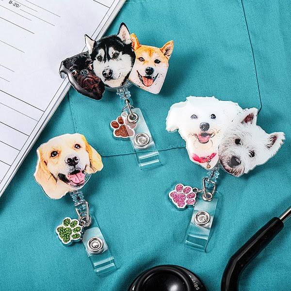 Personalized Pet Portrait Badge Reel with Glitter Paw Charm Gift for Pet Lover - Image 2
