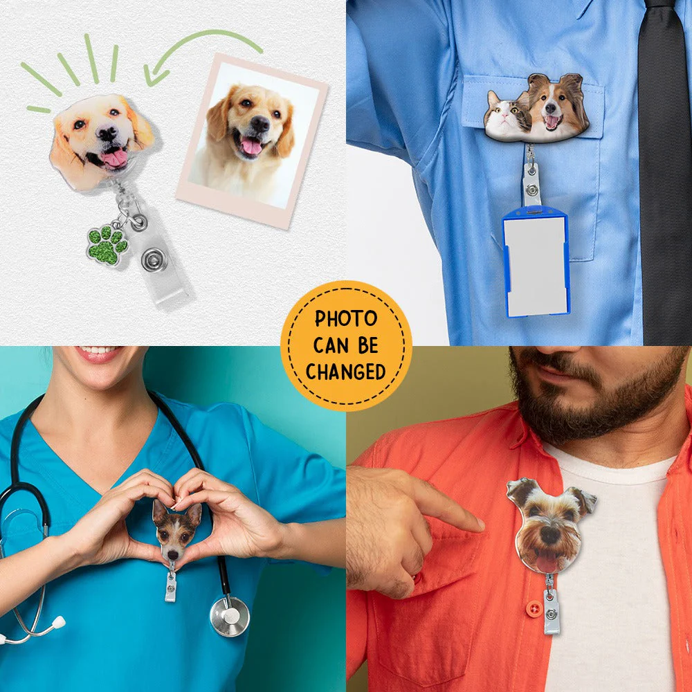 Personalized Pet Portrait Badge Reel with Glitter Paw Charm Gift for Pet Lover - Image 3