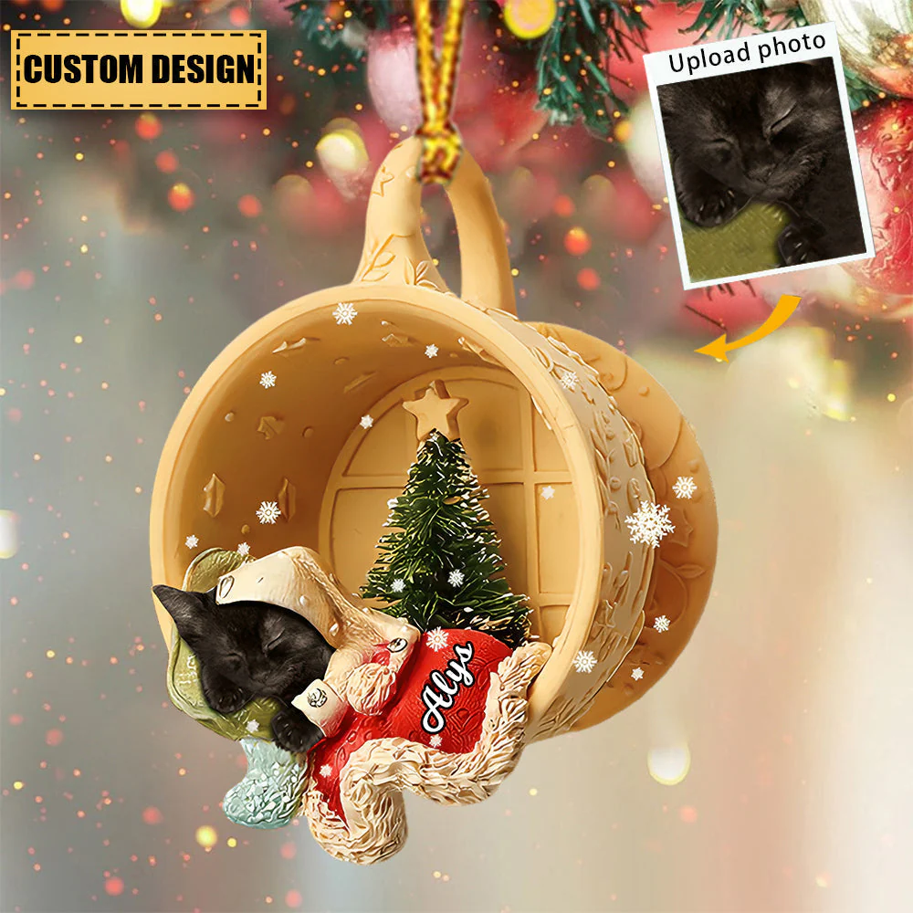 Personalized Pet Sleeping In A Tiny Cup Christmas Holiday Upload Photo Ornament-Gift For Pet Lover - Image 3