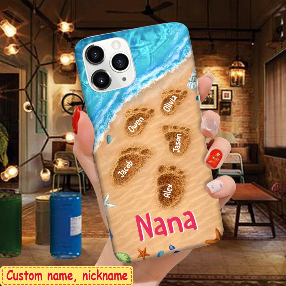 Personalized Phone Case Summer Beach Grandma With Cute Grandkids Footprints On the Sand - Image 2