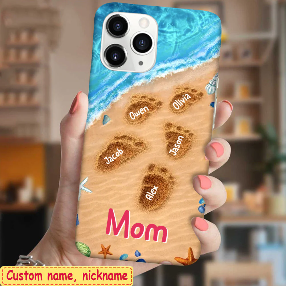 Personalized Phone Case Summer Beach Grandma With Cute Grandkids Footprints On the Sand - Image 3
