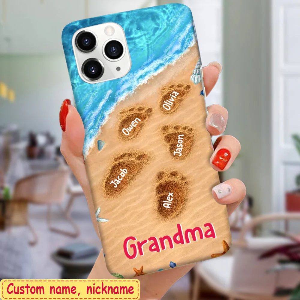Personalized Phone Case Summer Beach Grandma With Cute Grandkids Footprints On the Sand - Image 4