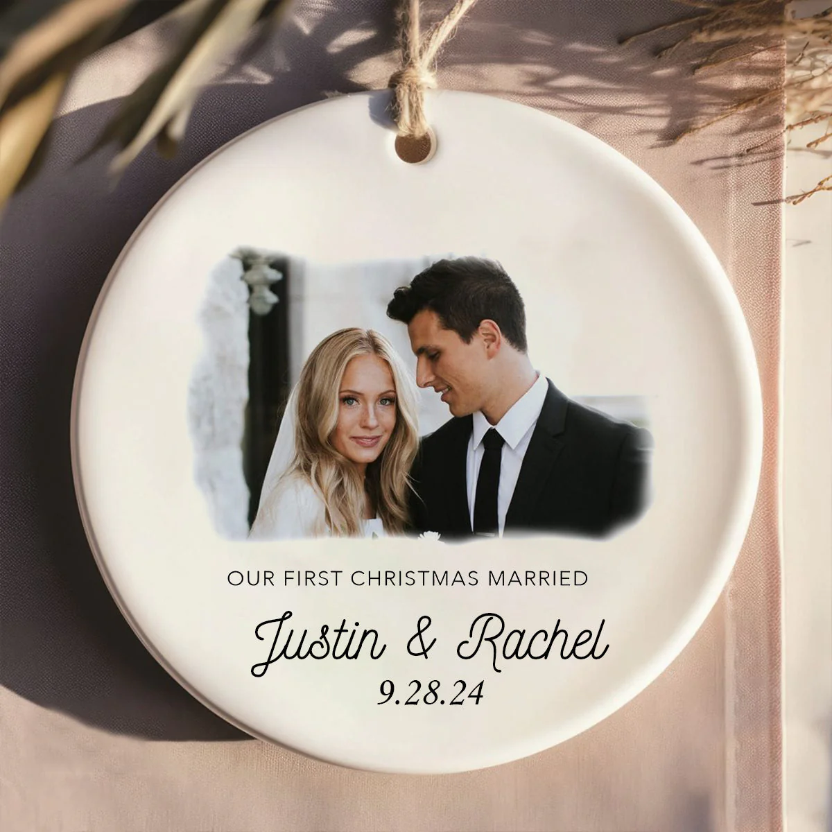 Personalized Photo Couple First Christmas Married Christmas Ceramic Ornament - Image 2
