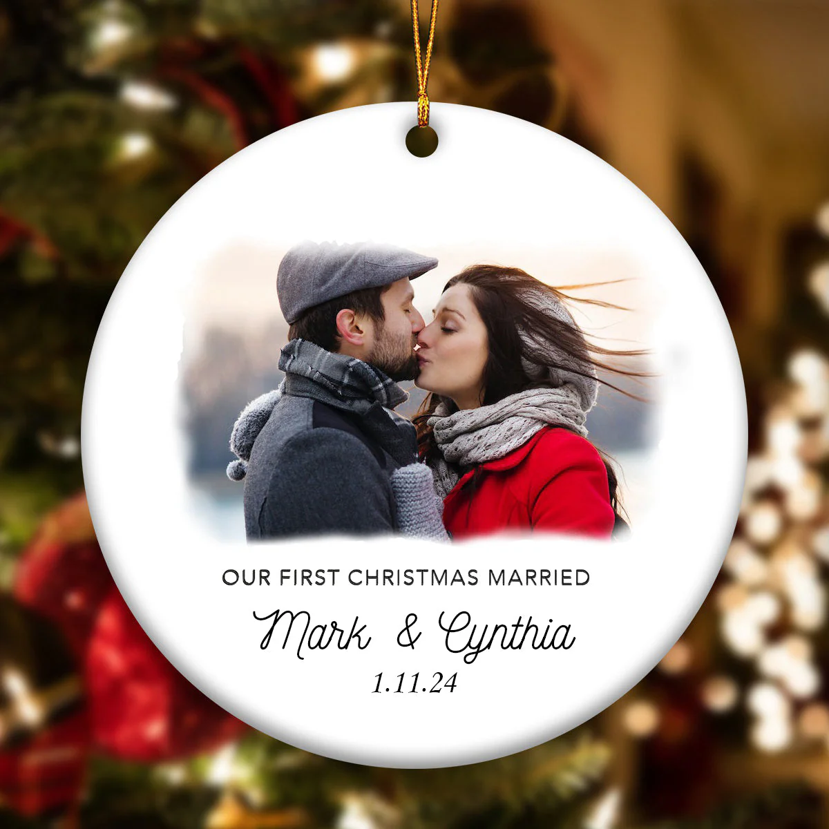 Personalized Photo Couple First Christmas Married Christmas Ceramic Ornament - Image 6