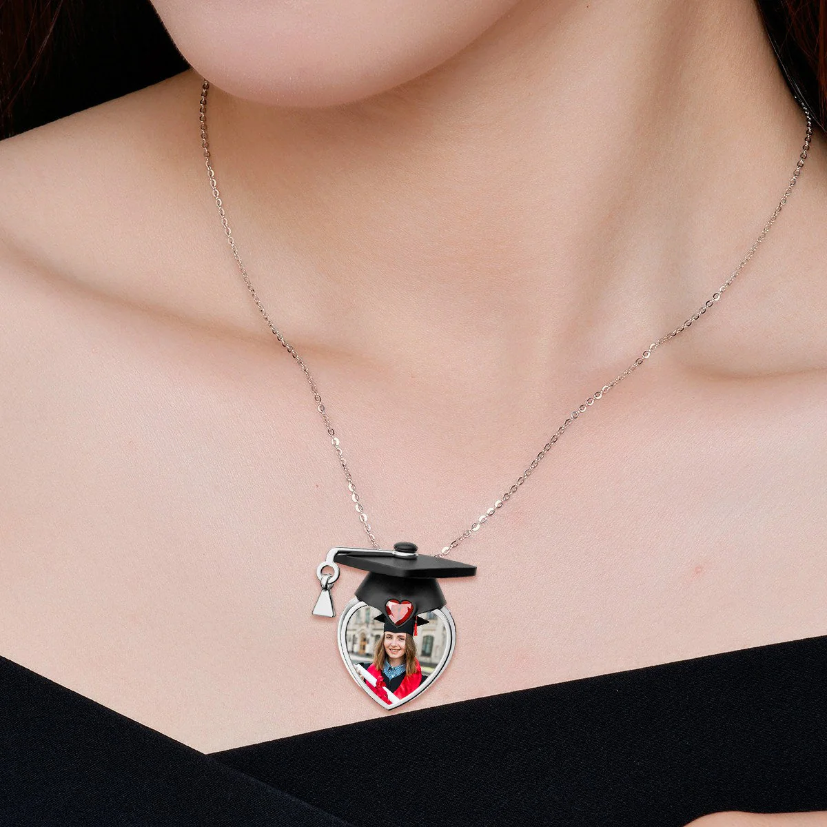 Personalized Photo Dainty Birthstone Graduation Cap Necklace - Image 4