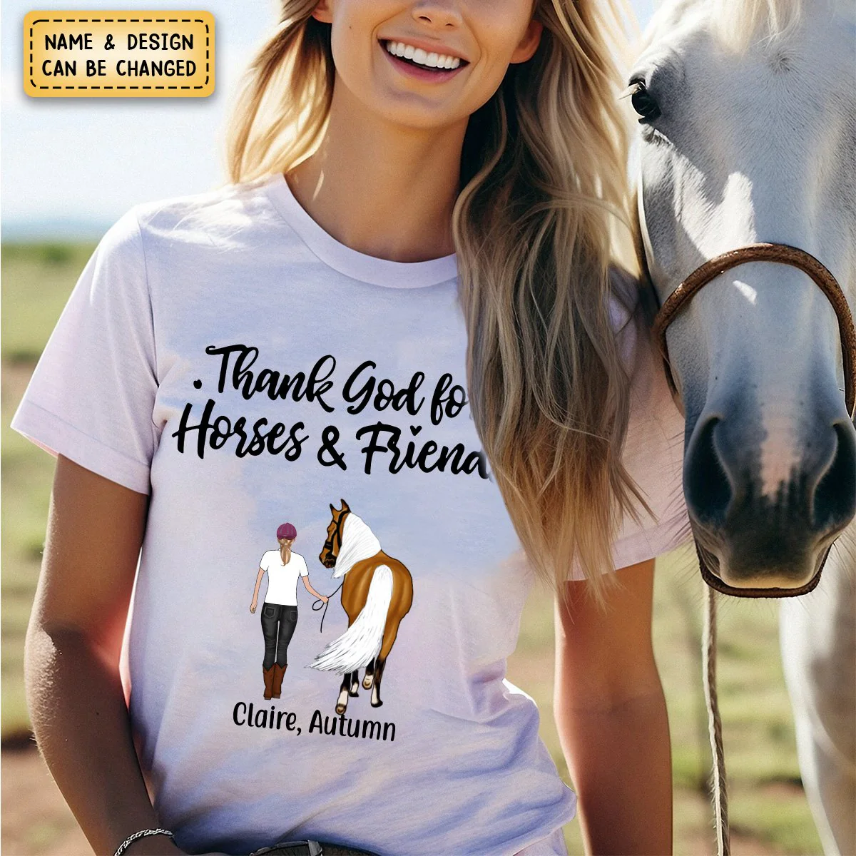 Personalized Pure Cotton T-shirt - Thank God for Horses & Friends - Gift for Horse Lovers - Image 2
