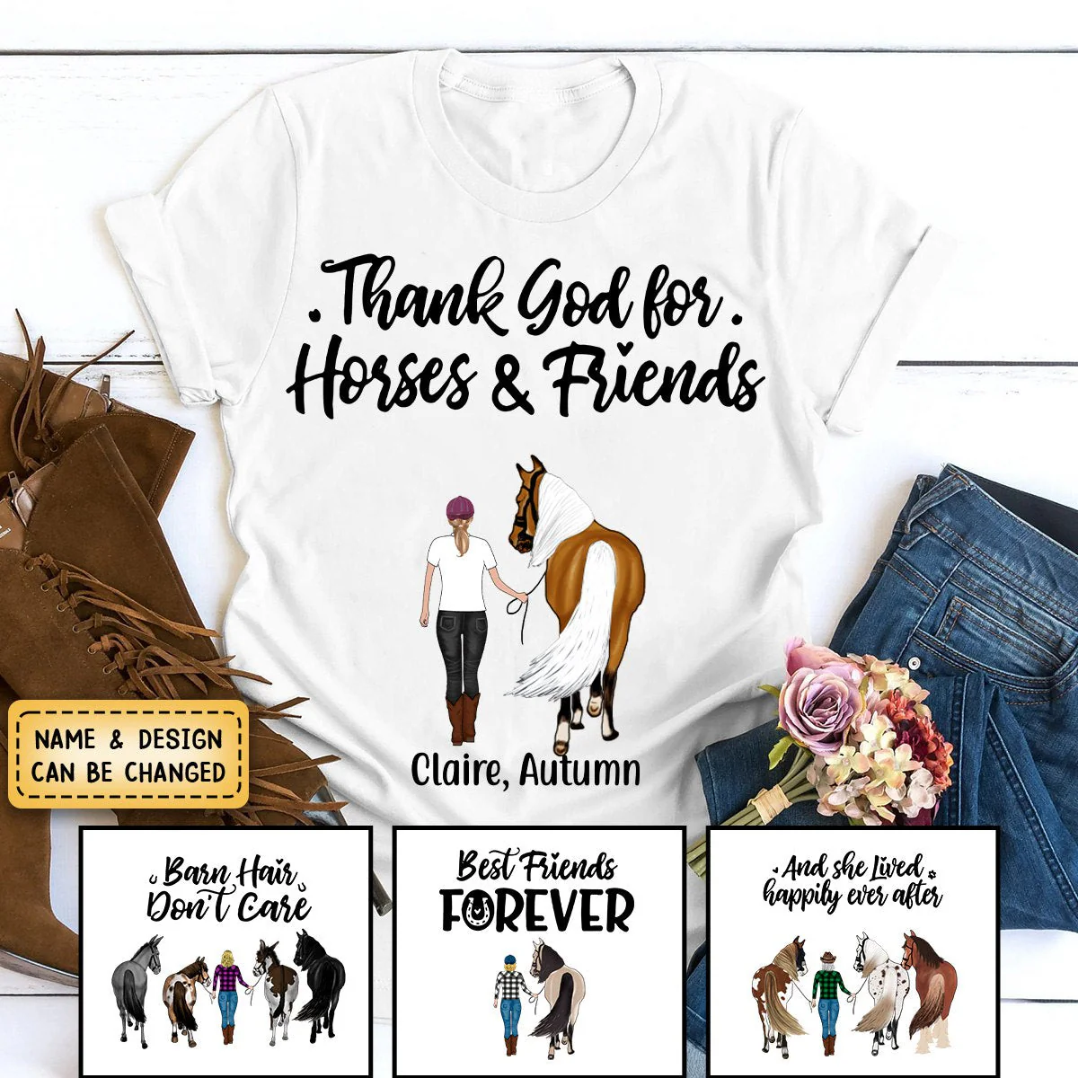 Personalized Pure Cotton T-shirt - Thank God for Horses & Friends - Gift for Horse Lovers - Image 3