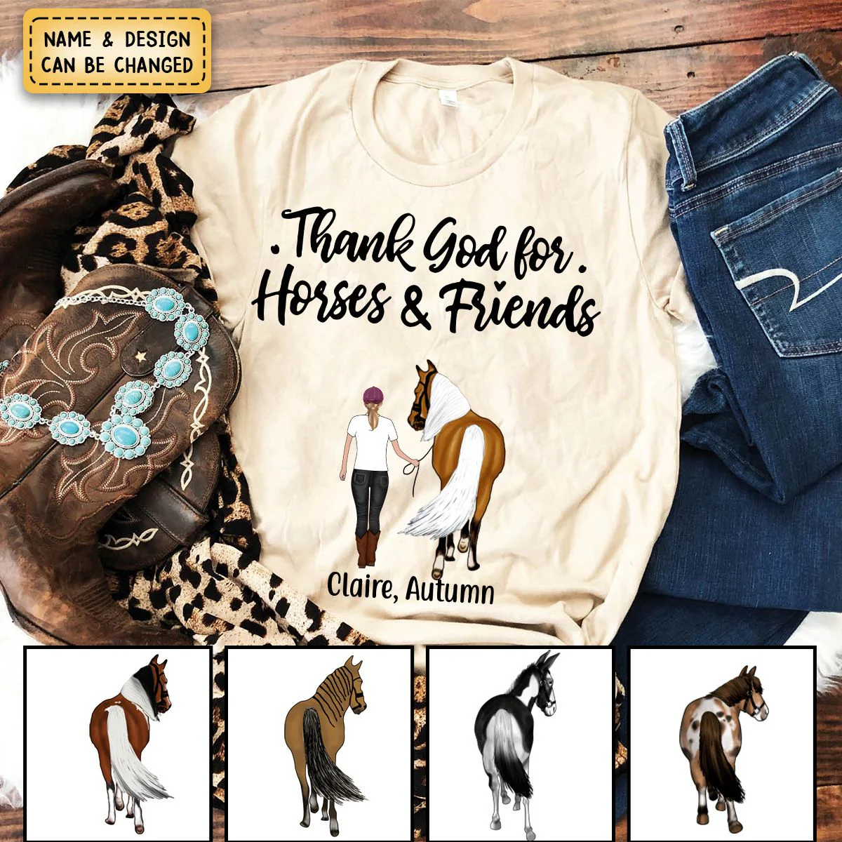 Personalized Pure Cotton T-shirt - Thank God for Horses & Friends - Gift for Horse Lovers - Image 6