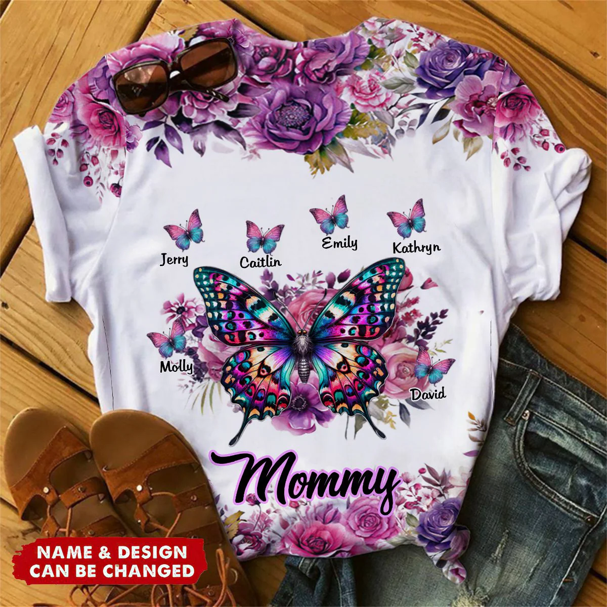 Personalized Purple & Pink Floral Butterfly Grandma T-shirt