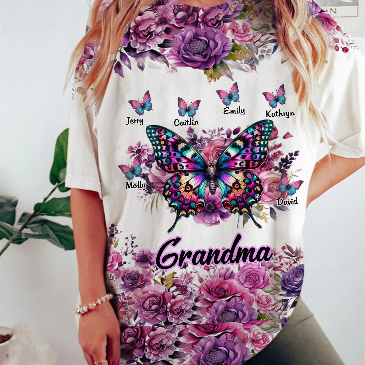 Personalized Purple & Pink Floral Butterfly Grandma T-shirt - Image 2
