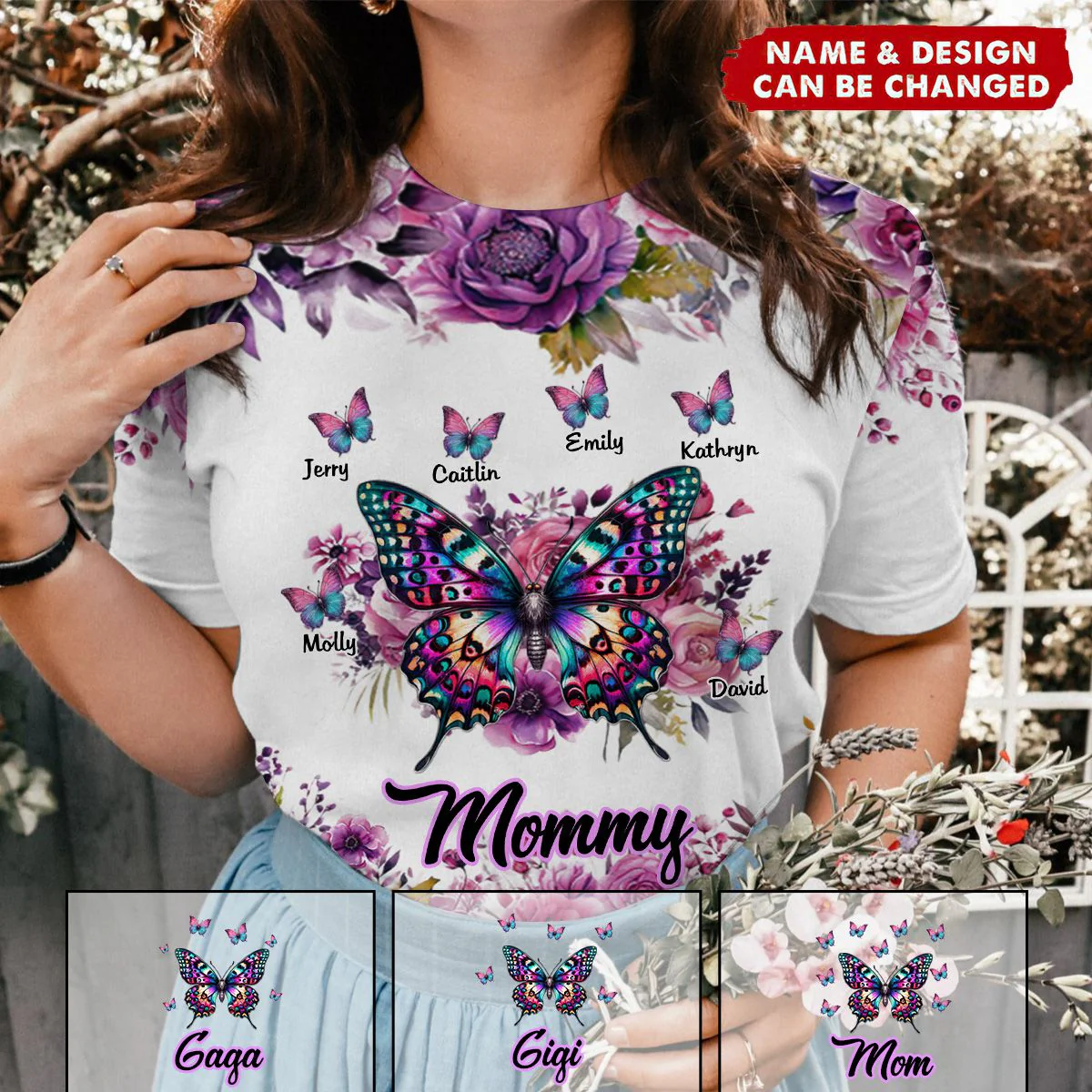 Personalized Purple & Pink Floral Butterfly Grandma T-shirt - Image 3
