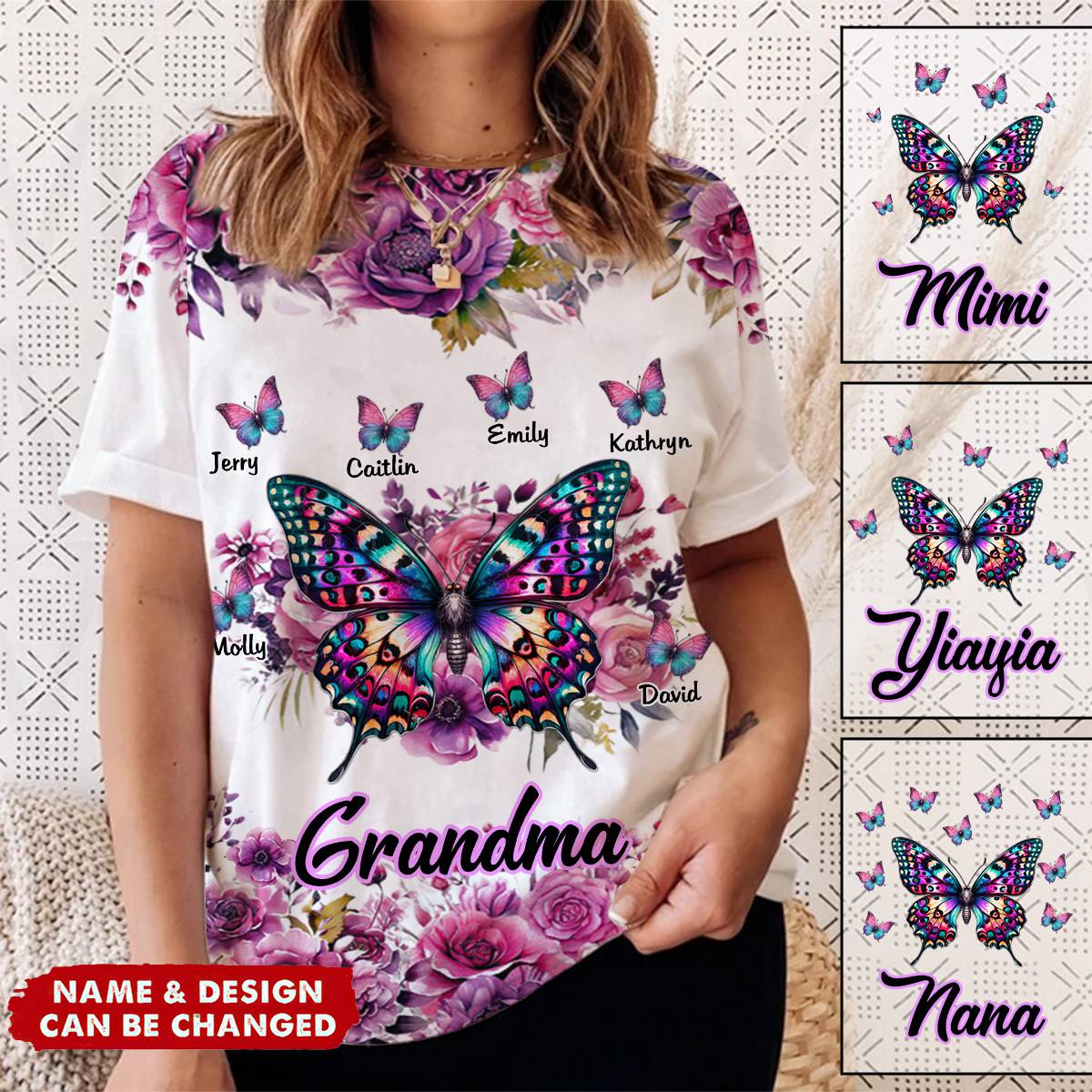 Personalized Purple & Pink Floral Butterfly Grandma T-shirt - Image 4