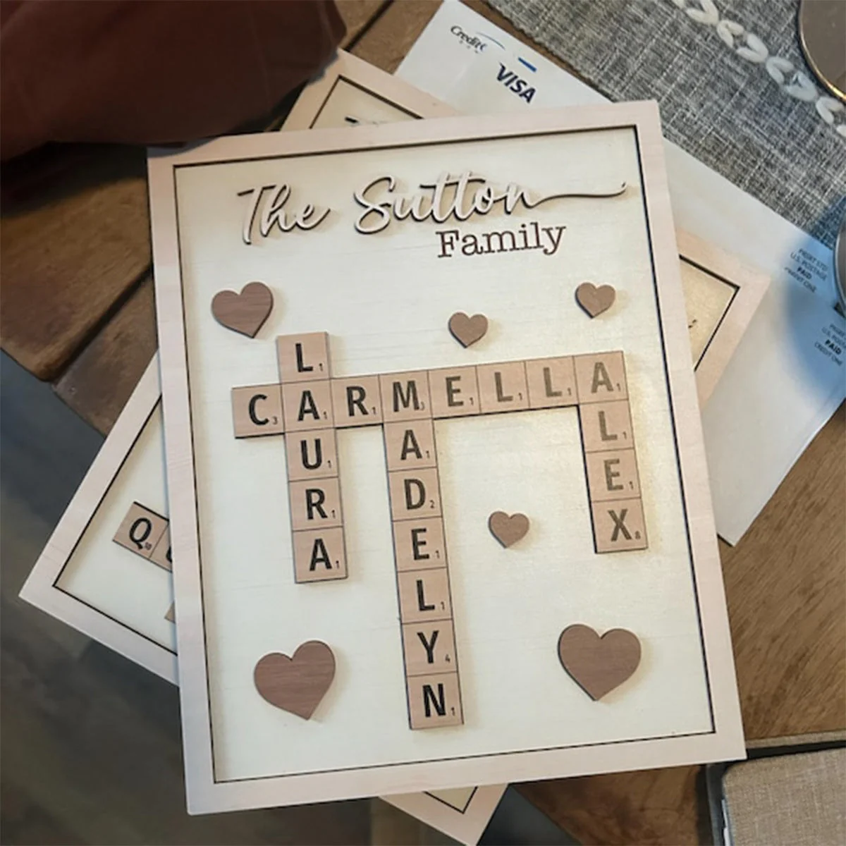Personalized Puzzle Crossword scrabble board, Custom Family name 2-Layered Wooden Plaque With Stand - Image 7