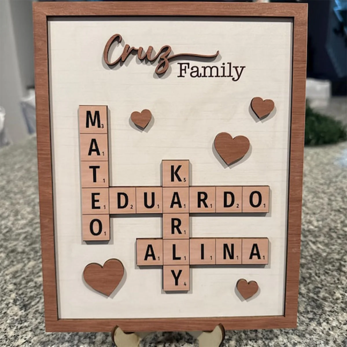 Personalized Puzzle Crossword scrabble board, Custom Family name 2-Layered Wooden Plaque With Stand - Image 8