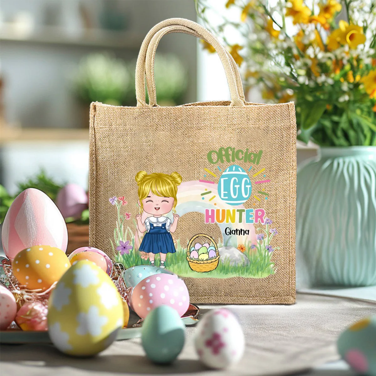 Personalized Rainbow Bunny Ear Cartoon Character Jute Tote Bag with Name Reusable Easter Party Gift for Kids - Image 2