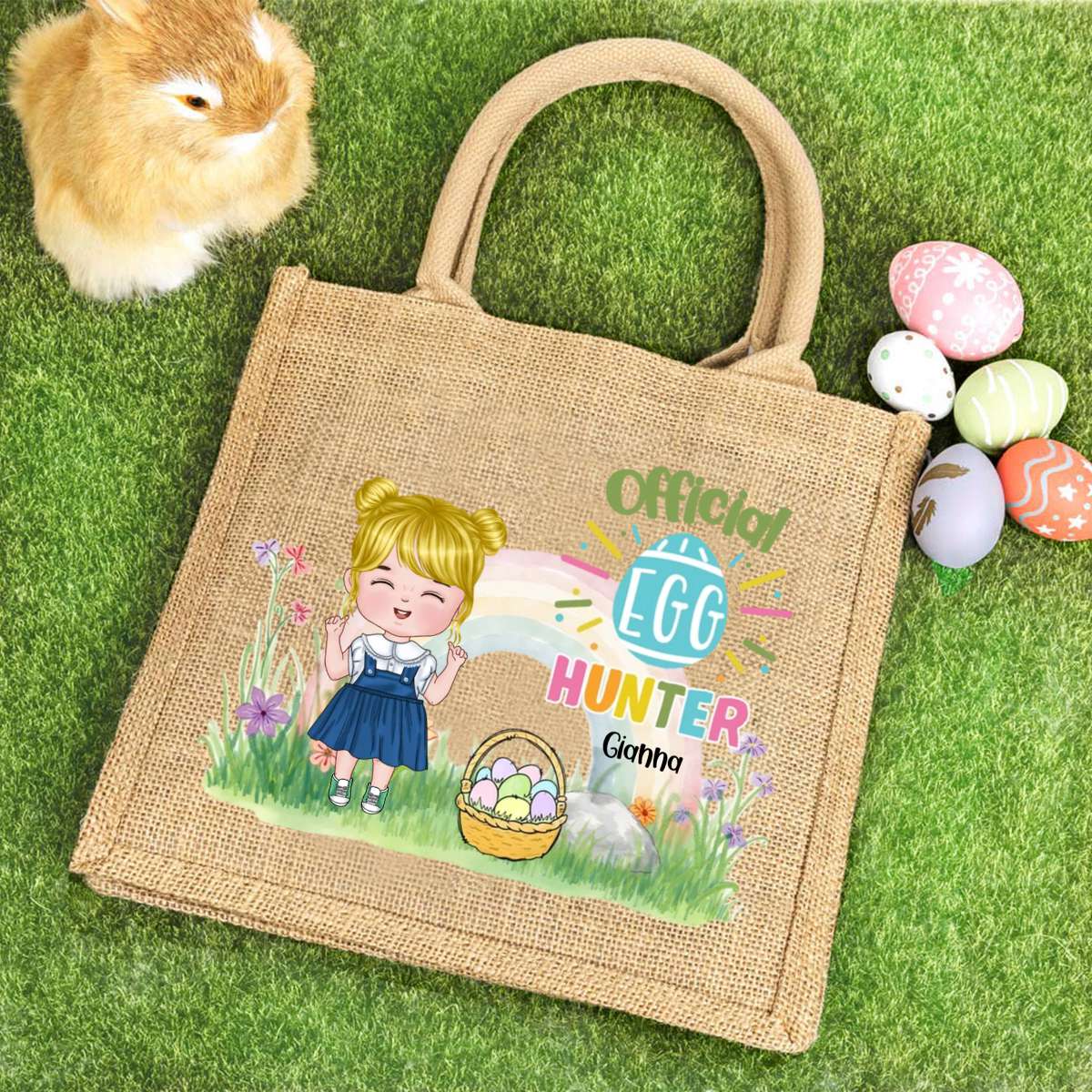 Personalized Rainbow Bunny Ear Cartoon Character Jute Tote Bag with Name Reusable Easter Party Gift for Kids - Image 3
