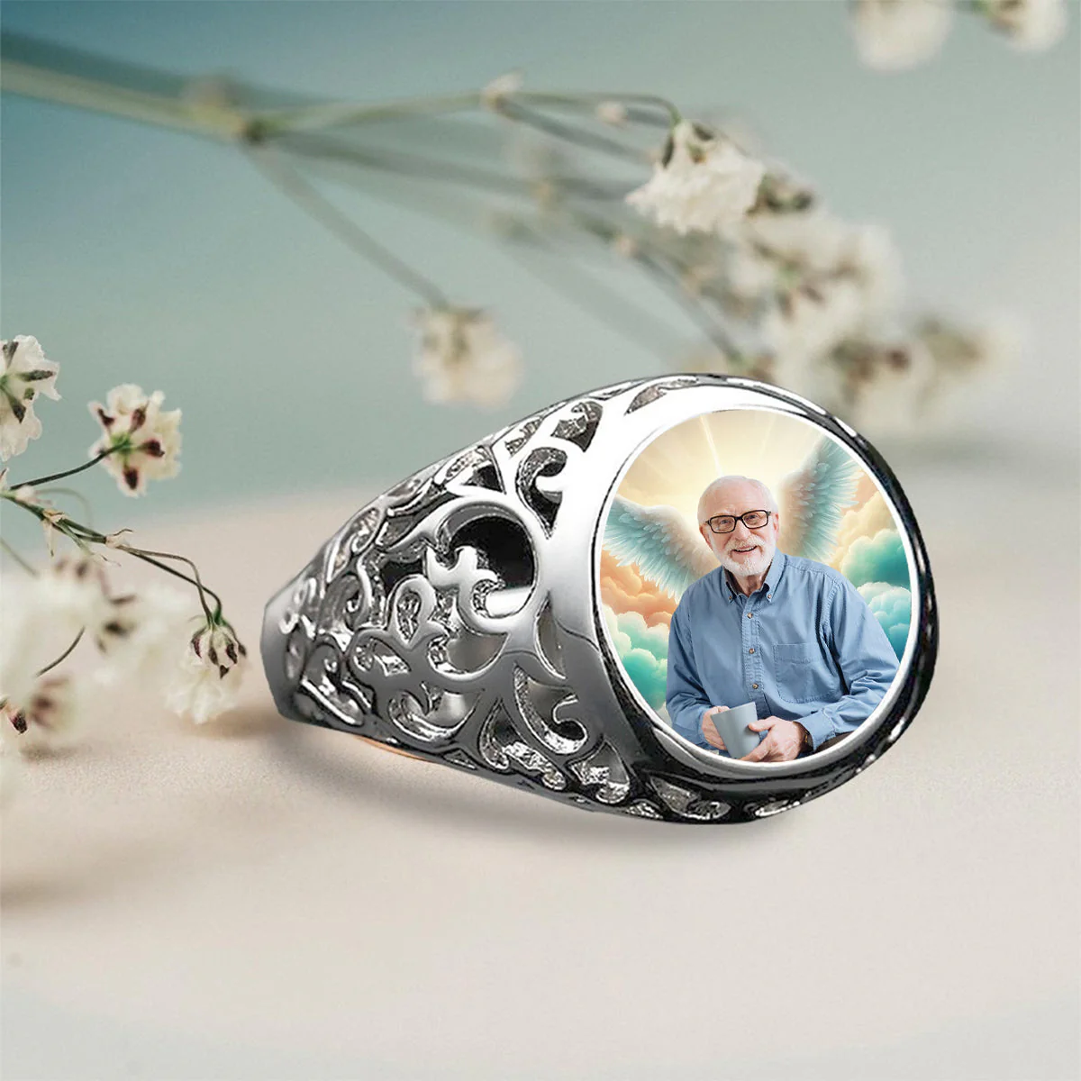 Personalized Round Memorial Photo Wings Ring - Image 6