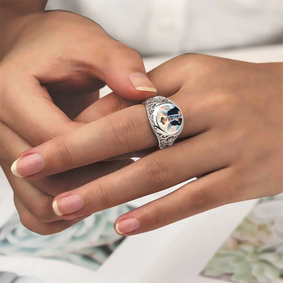 Personalized Round Memorial Photo Wings Ring - Image 7