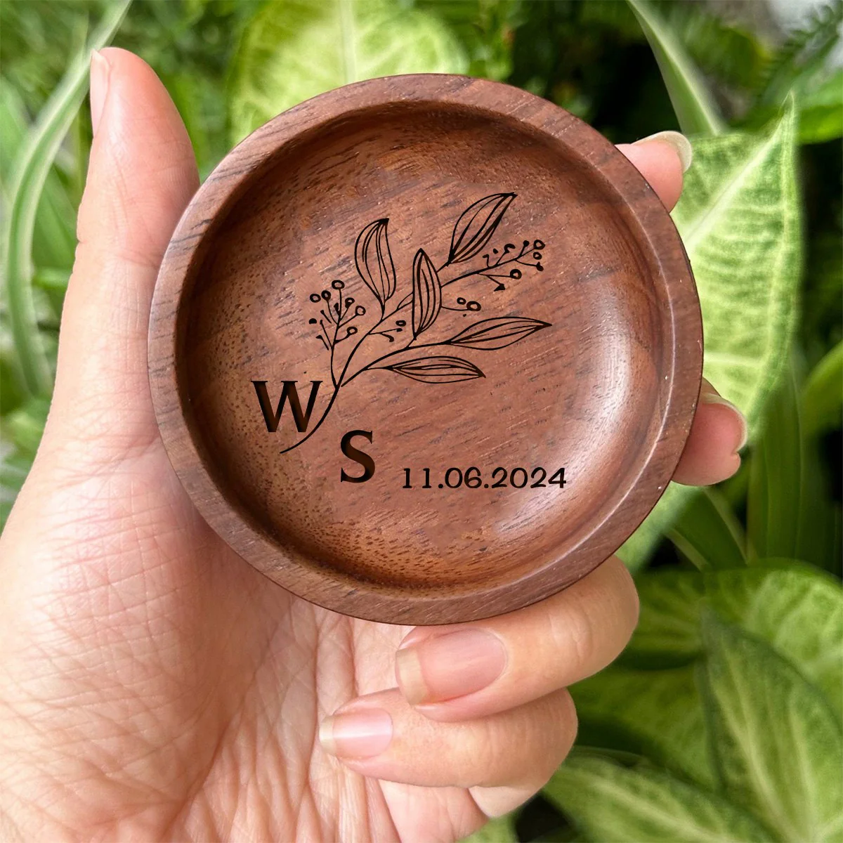 Personalized Round Wood Ring Dish, Engagement Ring Holder, Wedding Ring Dish - Image 2