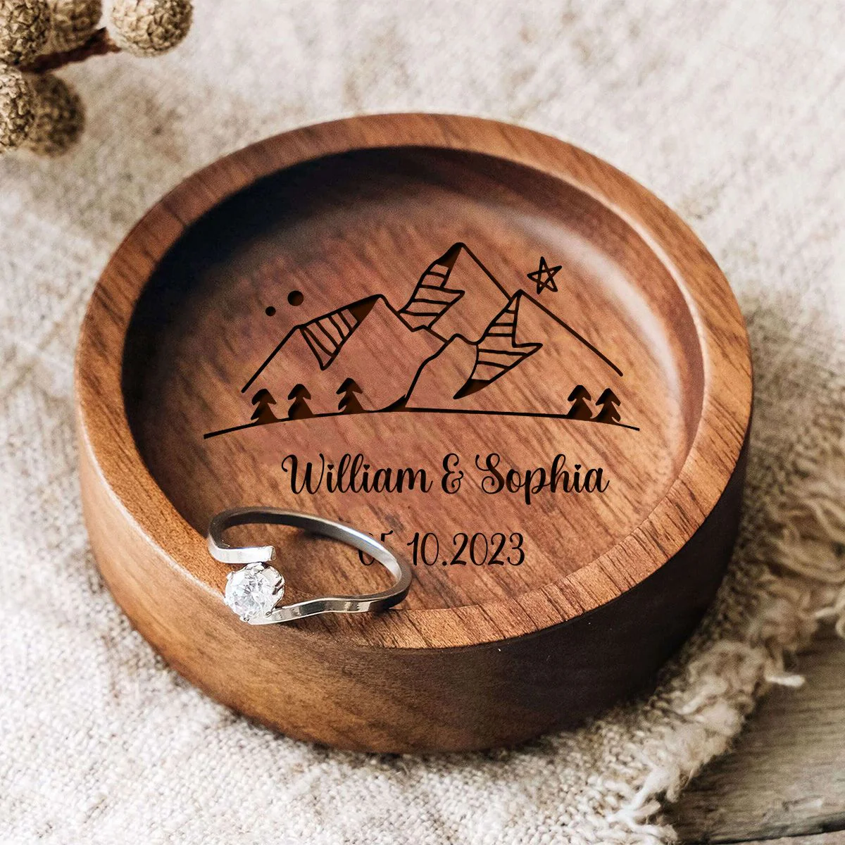Personalized Round Wood Ring Dish, Engagement Ring Holder, Wedding Ring Dish - Image 3