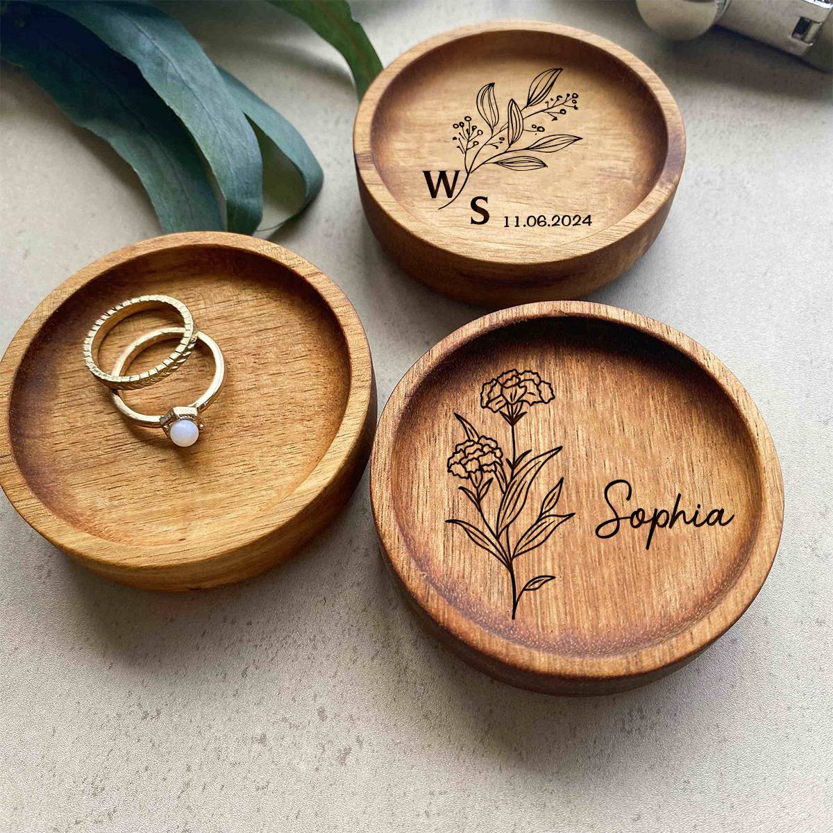 Personalized Round Wood Ring Dish, Engagement Ring Holder, Wedding Ring Dish - Image 6