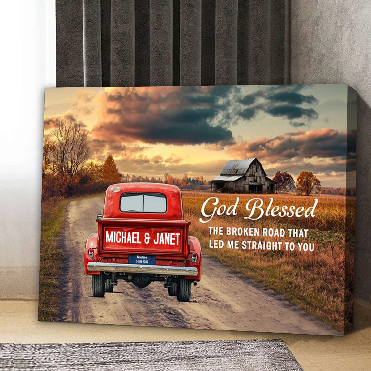 Personalized Rustic Couple Gift God Blessed The Broken Road Truck Canvas Poster - Image 2