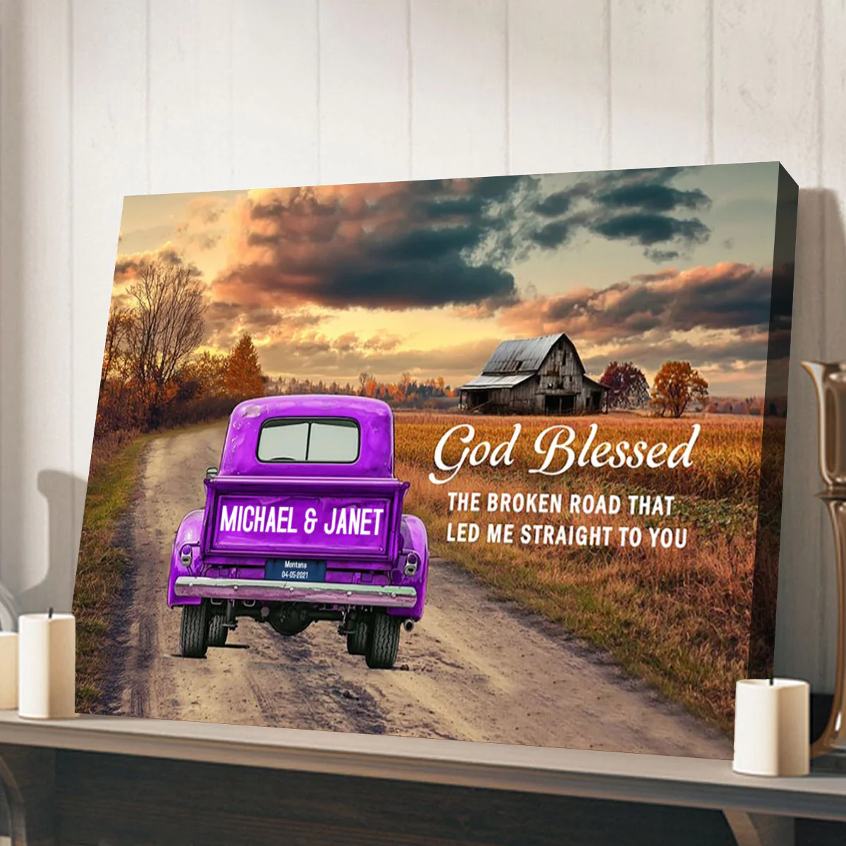 Personalized Rustic Couple Gift God Blessed The Broken Road Truck Canvas Poster - Image 5
