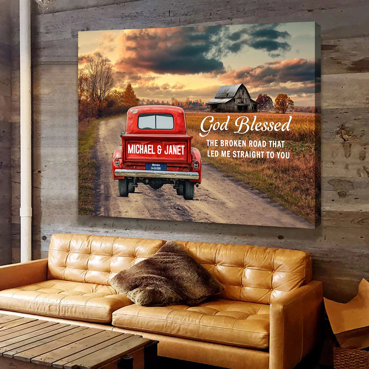 Personalized Rustic Couple Gift God Blessed The Broken Road Truck Canvas Poster - Image 6
