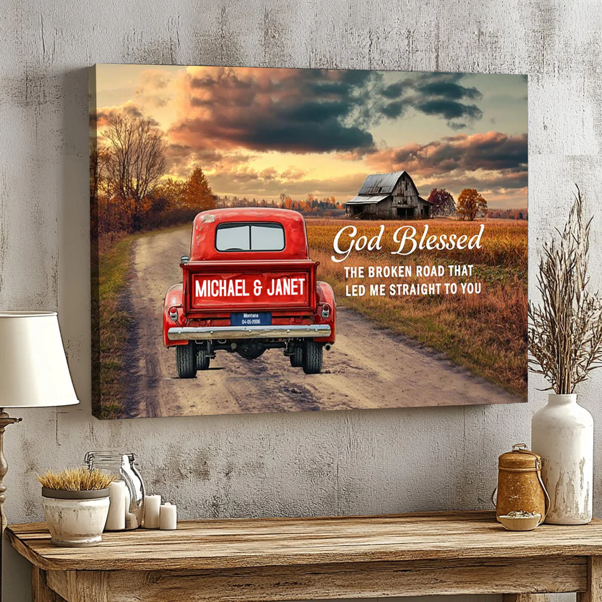 Personalized Rustic Couple Gift God Blessed The Broken Road Truck Canvas Poster - Image 7