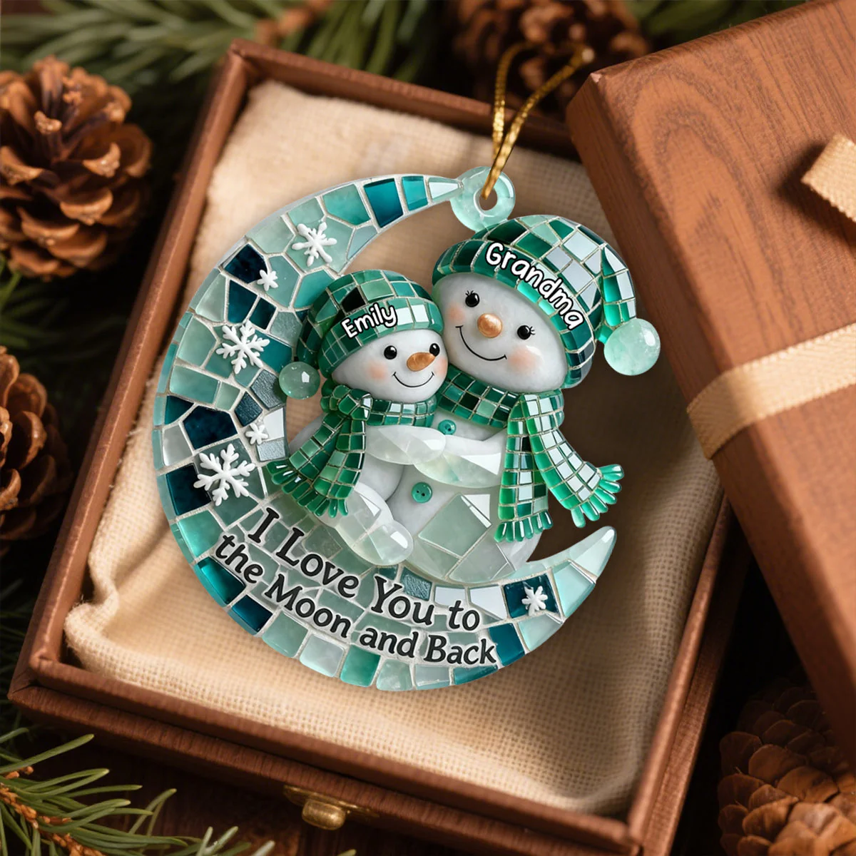Personalized Sea Glass I Love You To The Moon and Back Snowman, Gift For Grandparents and Family Ornament - Image 3