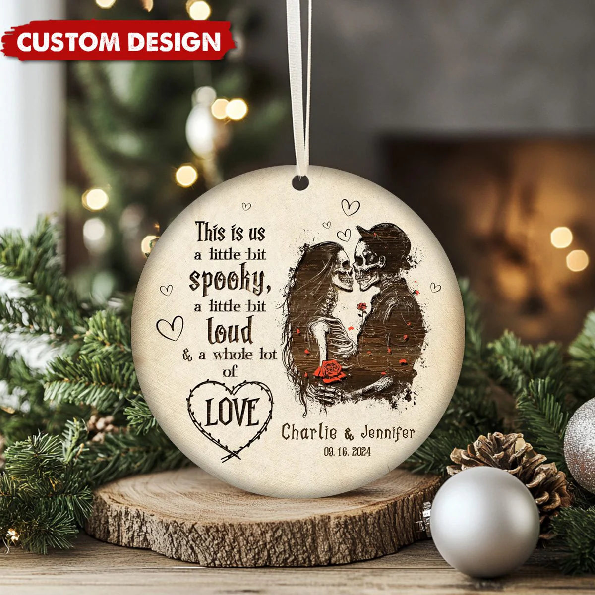 Personalized Skeleton Couple Ceramic Ornament, Skeleton Anniversary Ornament, Gothic Wedding Gift - Image 2