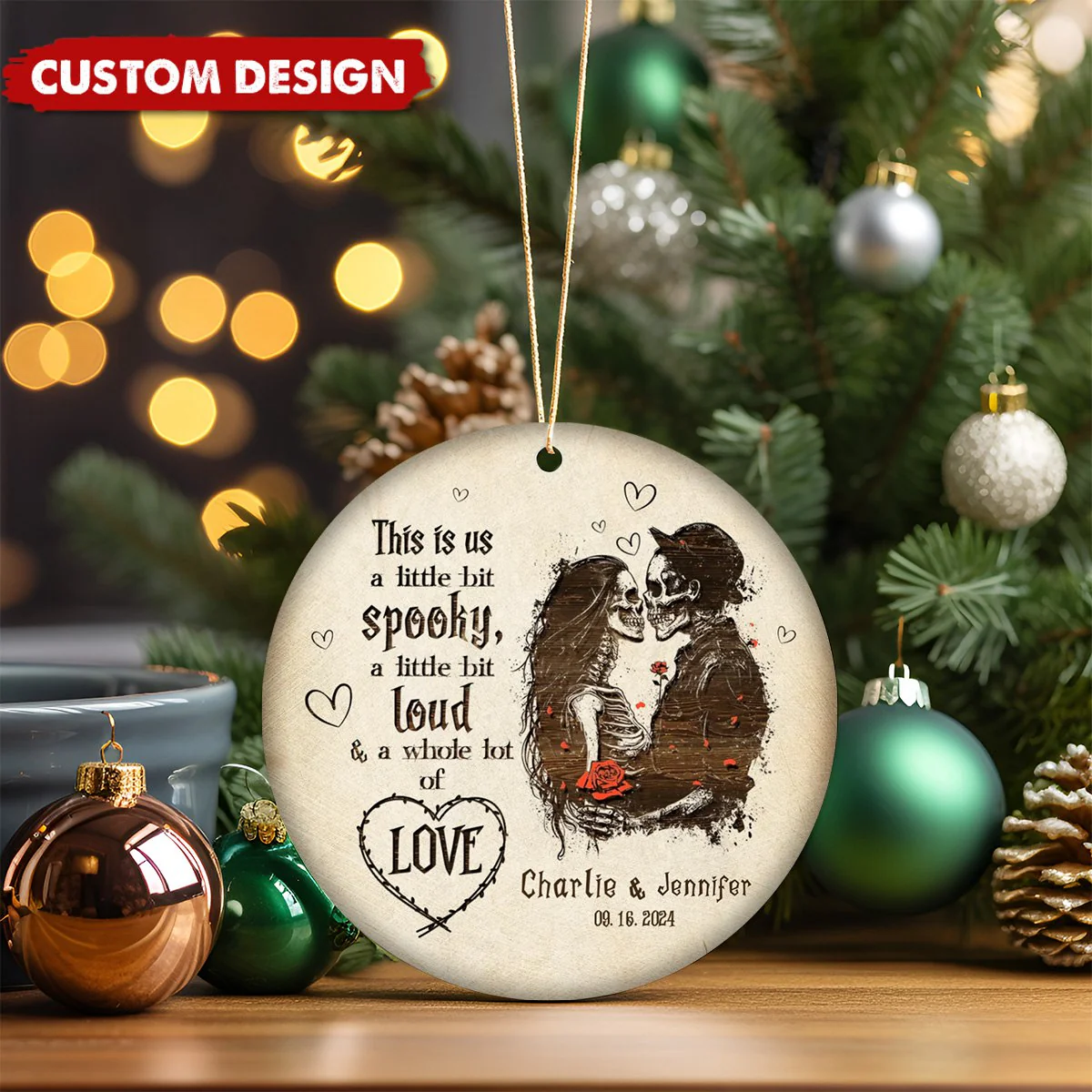 Personalized Skeleton Couple Ceramic Ornament, Skeleton Anniversary Ornament, Gothic Wedding Gift - Image 3