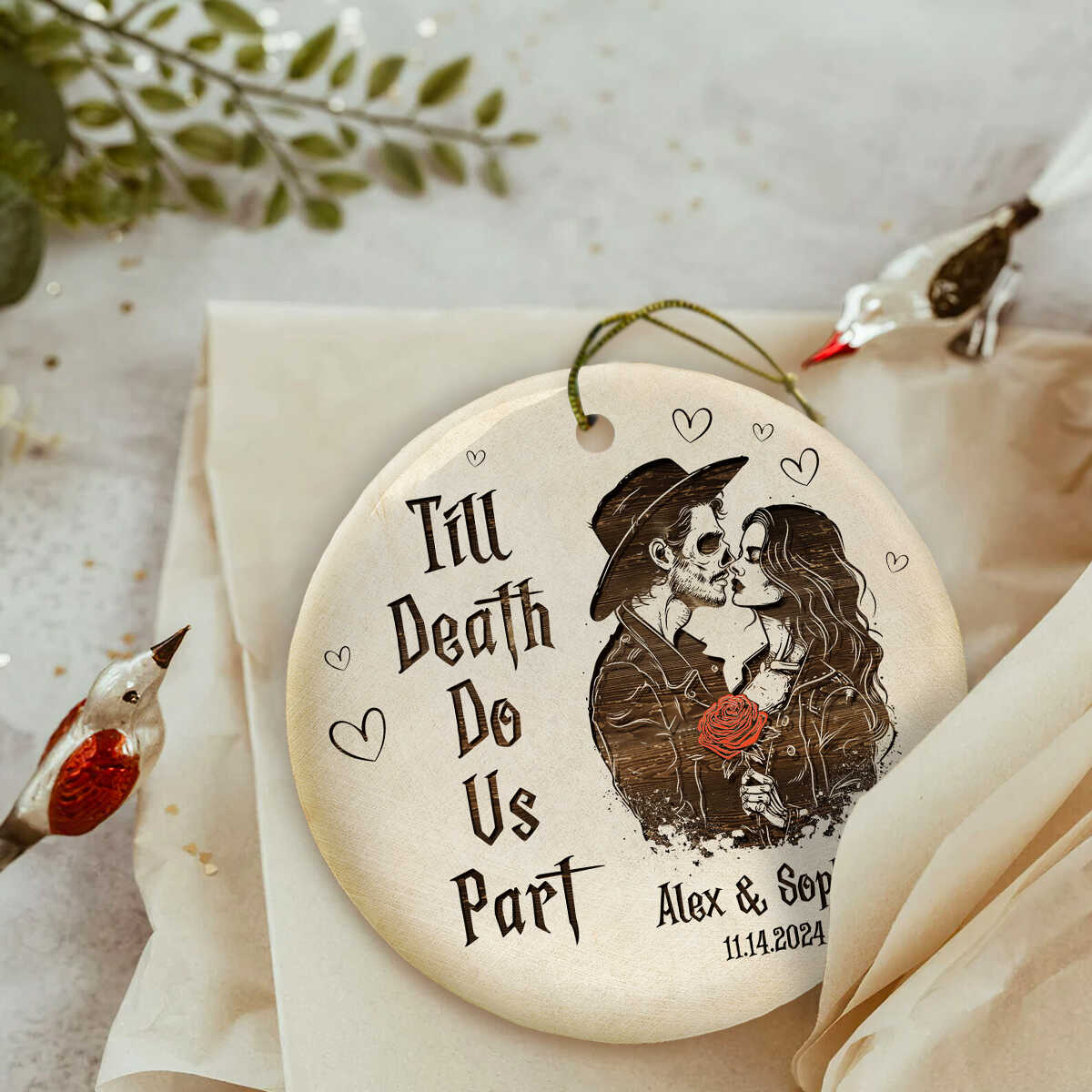 Personalized Skeleton Couple Ceramic Ornament, Skeleton Anniversary Ornament, Gothic Wedding Gift - Image 4