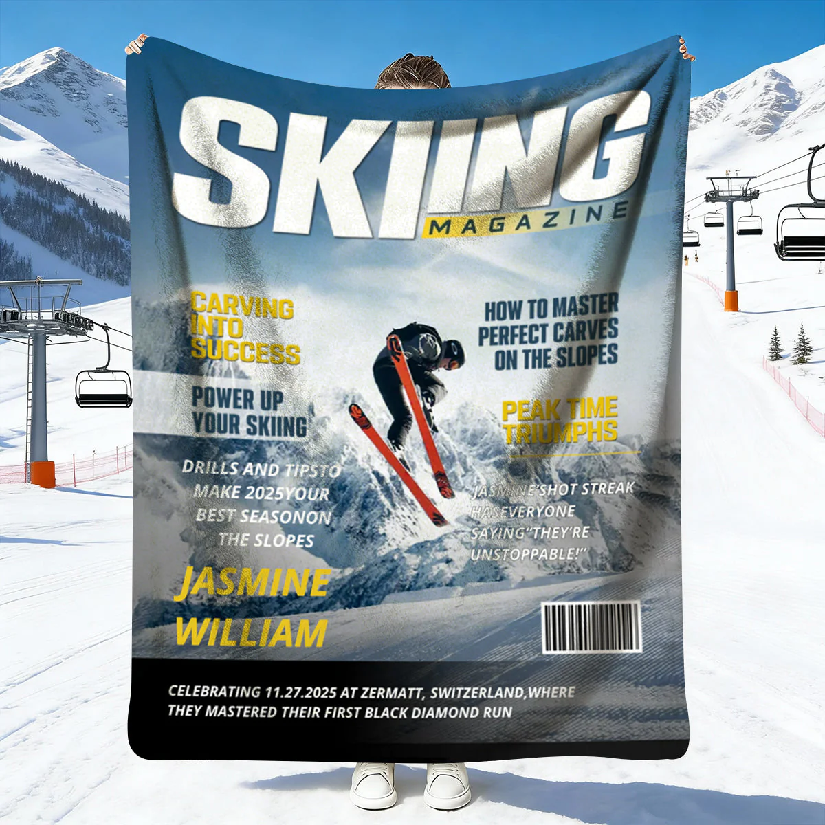 Personalized Skiing Magazine Cover Blanket Skiing Player Gift, Unique Gifts For Skiing Player